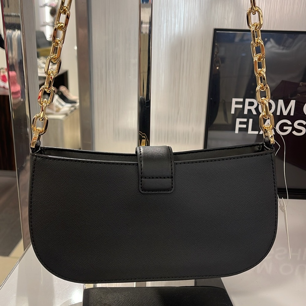 MICHAEL KORS CARMEN SMALL POUCHETTE SHOULDER CHAIN BAG BLACK/GOLD TONED HARDWARE - Picture 6 of 16